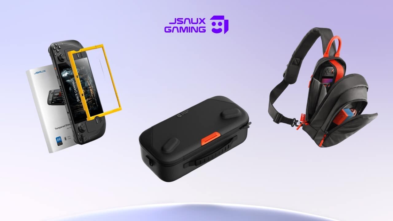 JSaux Gaming logo with a screen protector, carrying case, and backpack for handheld gaming devices.