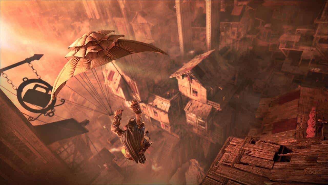 A person glides with a parachute over a foggy, old town with wooden houses at sunset, evoking the stealthy atmosphere of Styx: Blades of Greed.