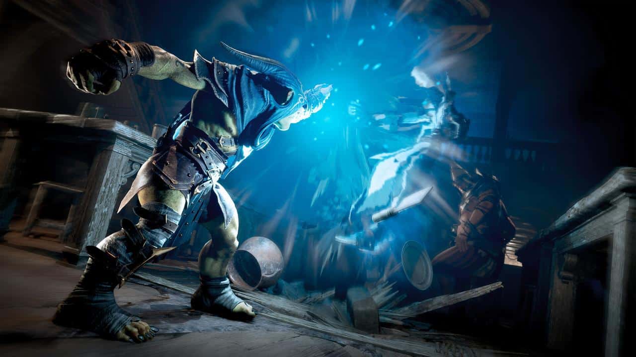 A creature in armor unleashes blue magical energy at an opponent in a dark, chaotic room, evoking the intense battles of Styx: Blades of Greed.