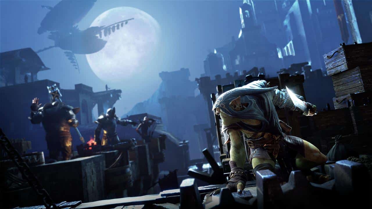 A goblin sneaks through a dark medieval city under a large moon, evoking the stealthy world of Styx: Blades of Greed, while guards patrol nearby.