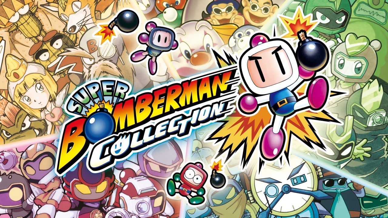 Vibrant Super Bomberman Collection cover featuring Bomberman characters, explosive bombs, and dynamic comic-style action.