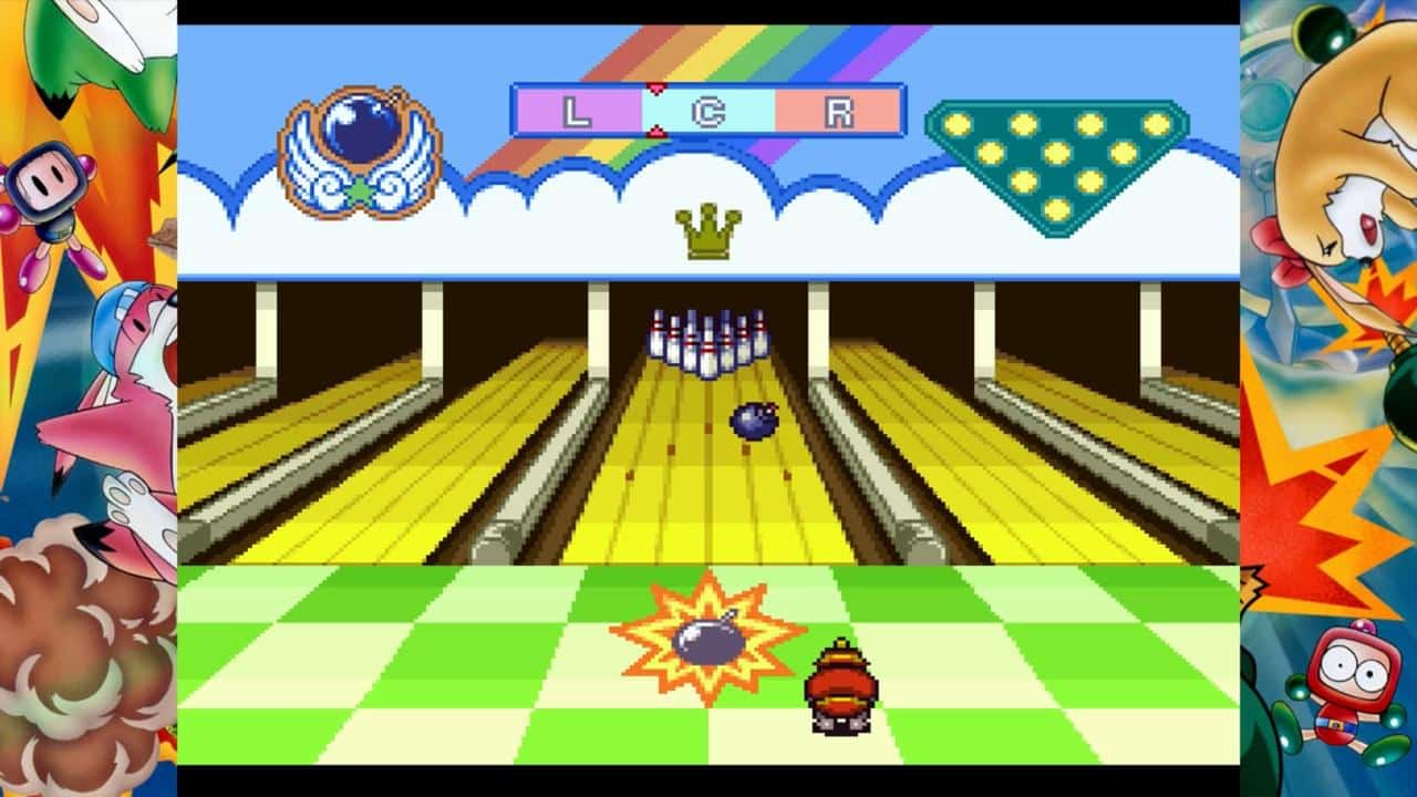 A cartoon character from the Super Bomberman Collection bowls a bomb at pins in a colorful, animated bowling alley.