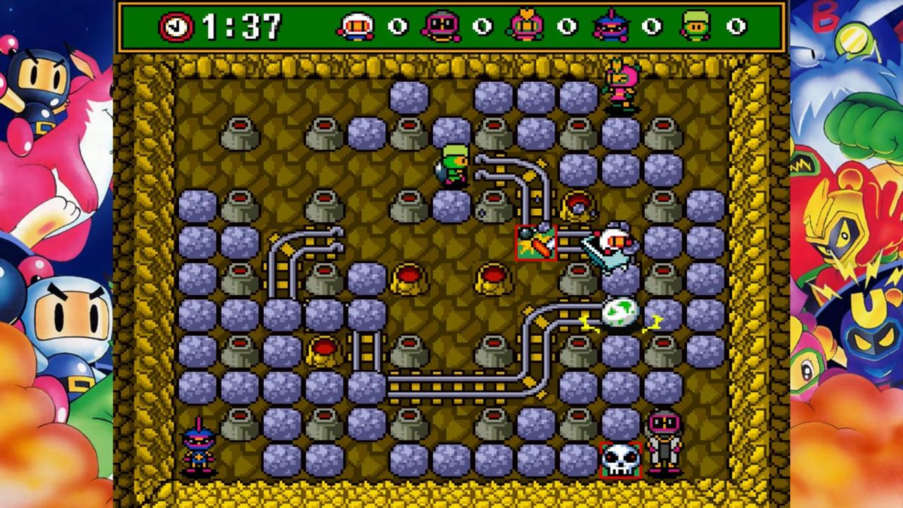 Screenshot from the Super Bomberman Collection, featuring multiple characters navigating a maze filled with rocks and tracks.