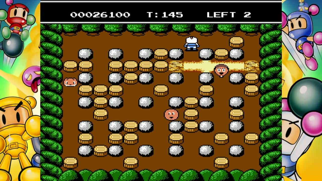 Experience classic Retro Bomberman gameplay in the Super Bomberman Collection: place bombs among barrels and rocks, navigating mazes while avoiding enemies.