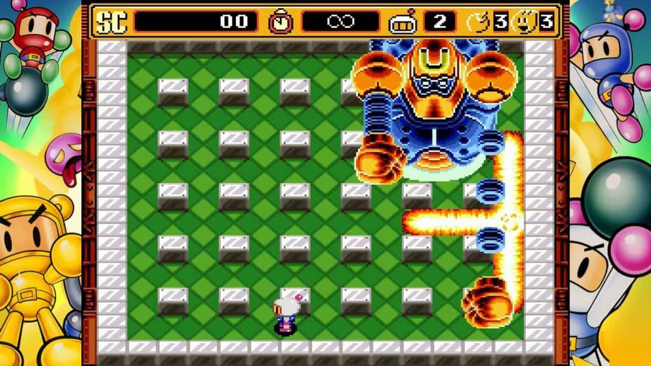 In Super Bomberman Collection, Bomberman faces a giant robot boss shooting fire in a grid maze filled with block obstacles.