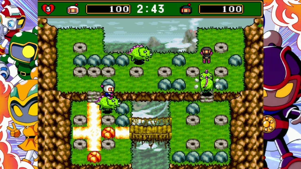 Bomberman game screen with characters, green dinosaurs, and explosions on a grassy, tiered level from the Super Bomberman Collection.