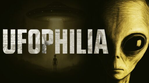 A large-eyed alien and UFO with a beam of light; "UFOPHILIA" in bold text overlaid on the image.