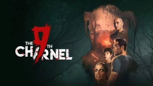 Four serious people stand in front of a dark, eerie forest with the text "The 9th Charnel" in red and white, hinting at haunting secrets lurking beyond the trees.