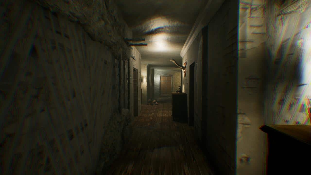 Dimly lit, decrepit hallway with peeling walls and debris, leading to a statue at the far end—an ominous entrance to The 9th Charnel.