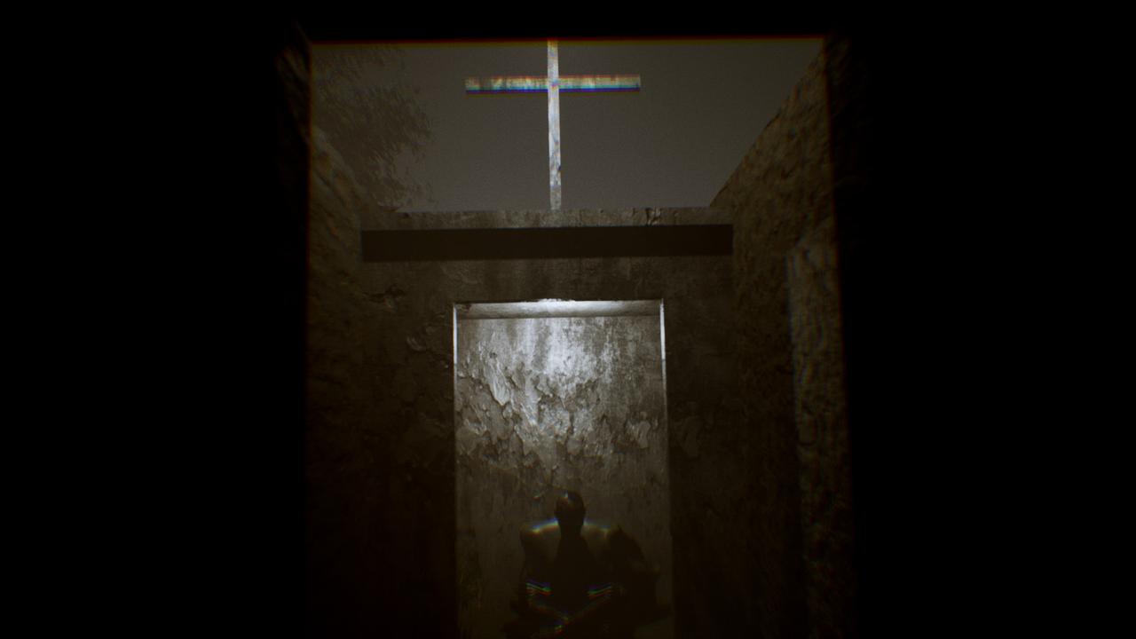 A shadowy figure kneels in a dark, stone room beneath a glowing cross on the ceiling—an ominous chamber whispered about as The 9th Charnel.