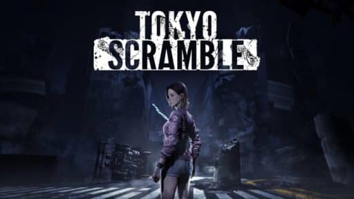 A woman with a sword stands in a dark, ruined city under the neon-lit "Tokyo Scramble" title.