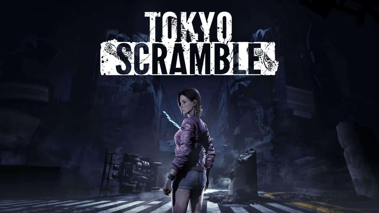 A woman with a sword stands in a dark, ruined city under the neon-lit "Tokyo Scramble" title.
