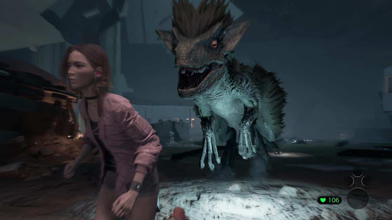 A woman runs from a roaring dinosaur in the dark, chaotic Tokyo Scramble, dodging debris scattered all around.