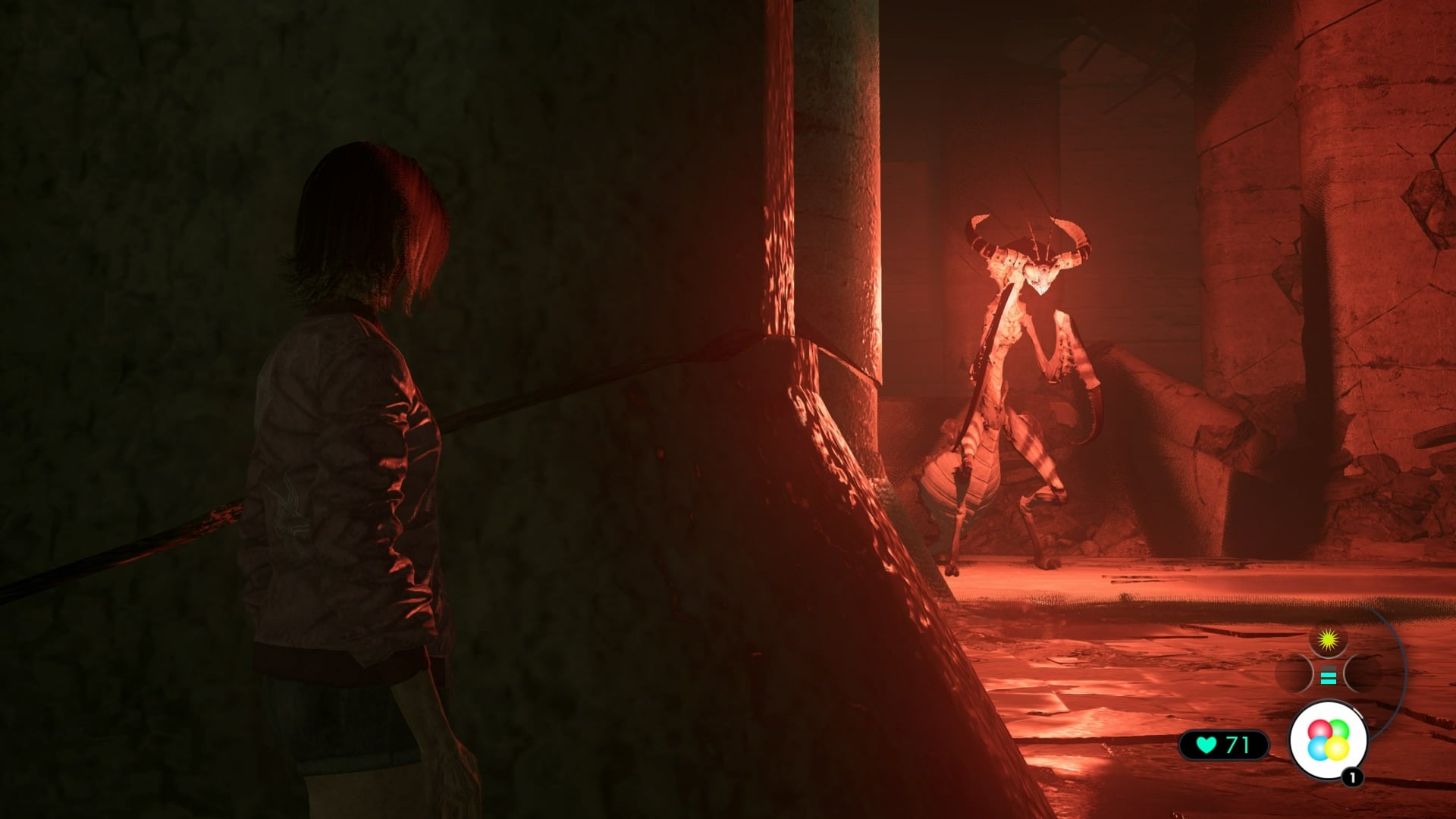 A person hides behind a wall from a horned monster glowing red in a dark, ruined Tokyo Scramble environment.
