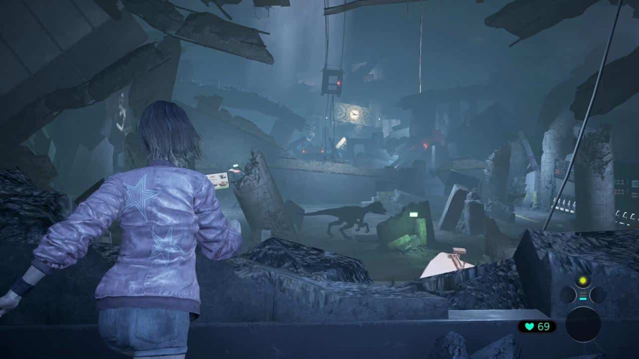 A person in a purple jacket faces the ruined, dim expanse of Tokyo Scramble, where a dinosaur and scattered debris loom ahead.