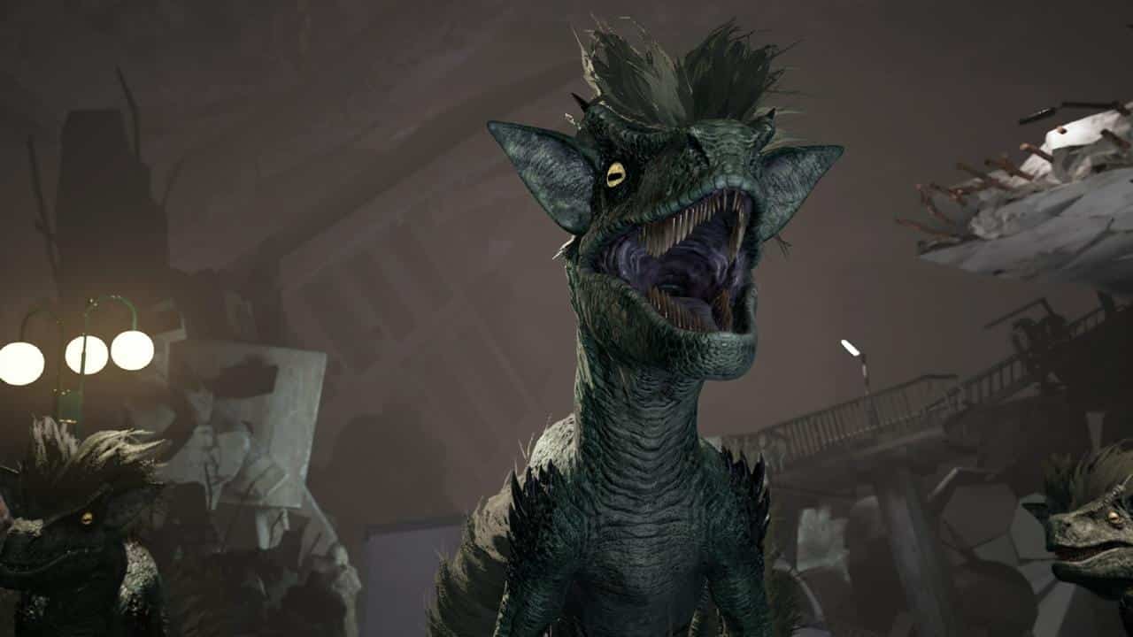 A close-up of a roaring, dinosaur-like creature with sharp teeth prowls through the shadows of a Tokyo Scramble industrial setting.