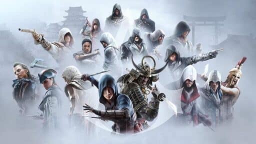A group of hooded assassins from different eras posing together against a misty, ancient backdrop.