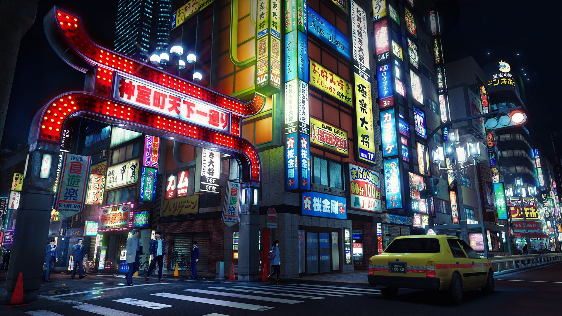 Kamurochō at night with neon signs, traffic, and pedestrians in Yakuza Kiwami 3