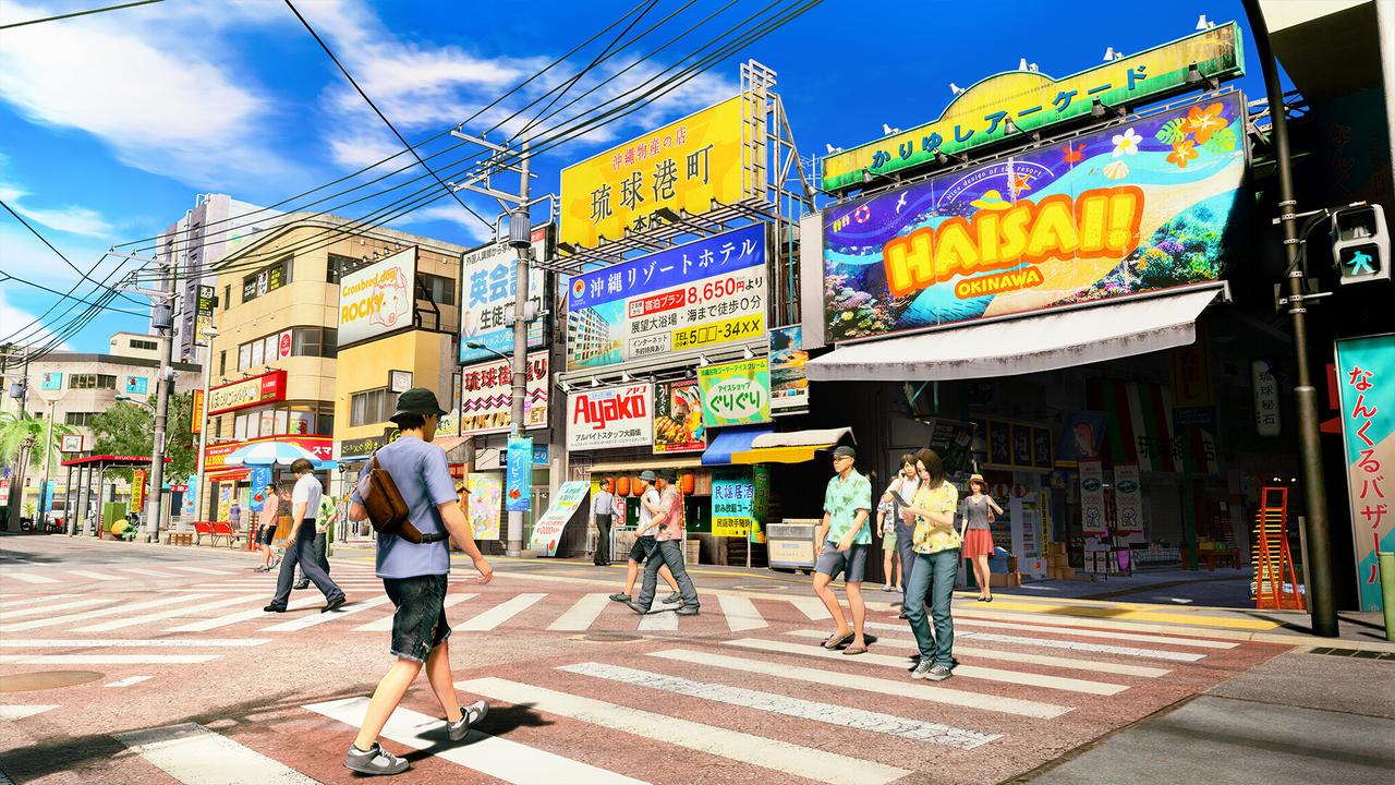 People crossing a busy street in a colorful Japanese shopping district with bright signs and shops, evoking scenes from Yakuza Kiwami 3 where dark ties and everyday life intertwine.