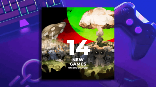 Game-themed graphic with cartoon animals, a mushroom cloud, and text: "14 New Games on Boosteroid.