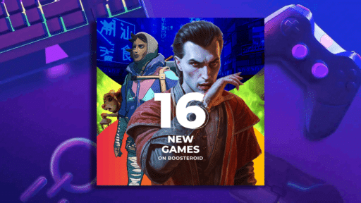 A promo image with game characters, text "16 New Games on Boosteroid," and a game controller in the background.