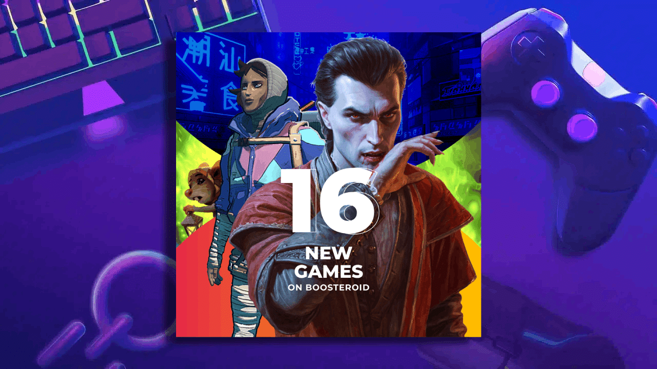A promo image with game characters, text "16 New Games on Boosteroid," and a game controller in the background.