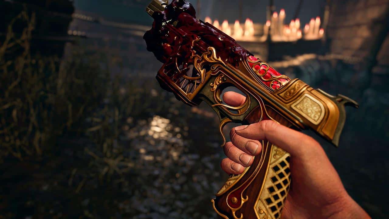 Close-up of Gabriel holding a blood-powered pistol in Crisol: Theater of Idols with candles blurred in the background.