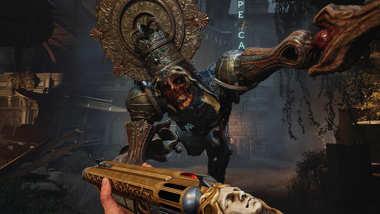 First-person view in Crisol: Theater of Idols as Gabriel aims a golden shotgun at Dolores, a towering skeletal idol lunging forward.