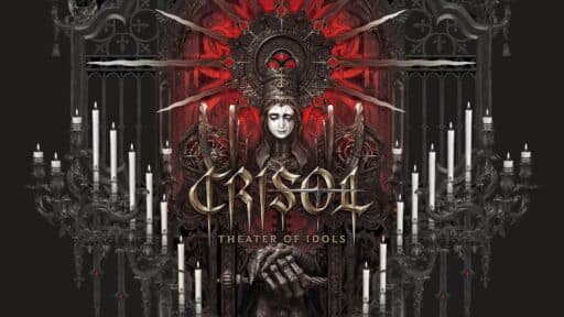 Gothic key art for Crisol: Theater of Idols showing a crowned statue framed by candles and red stained glass.