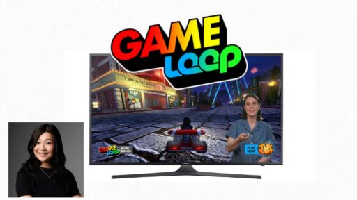 GAMELOOP’s Watch & Play channel on a Samsung Smart TV showing SuperTuxKart with a live host, with the GAMELOOP logo and a portrait of CEO Kimmy Li.