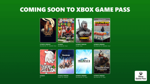 Xbox Game Pass upcoming games lineup with eight game covers on a green background.