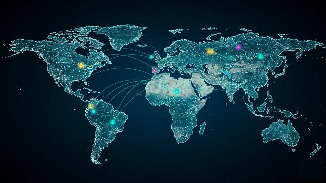 Stylized world map with connected nodes illustrating how GPU-as-a-Service growth varies by region for cloud gaming.