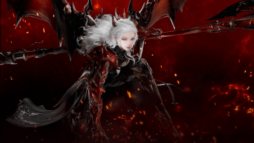 White-haired warrior in black and red armor with wings, holding a large weapon, surrounded by fiery sparks.