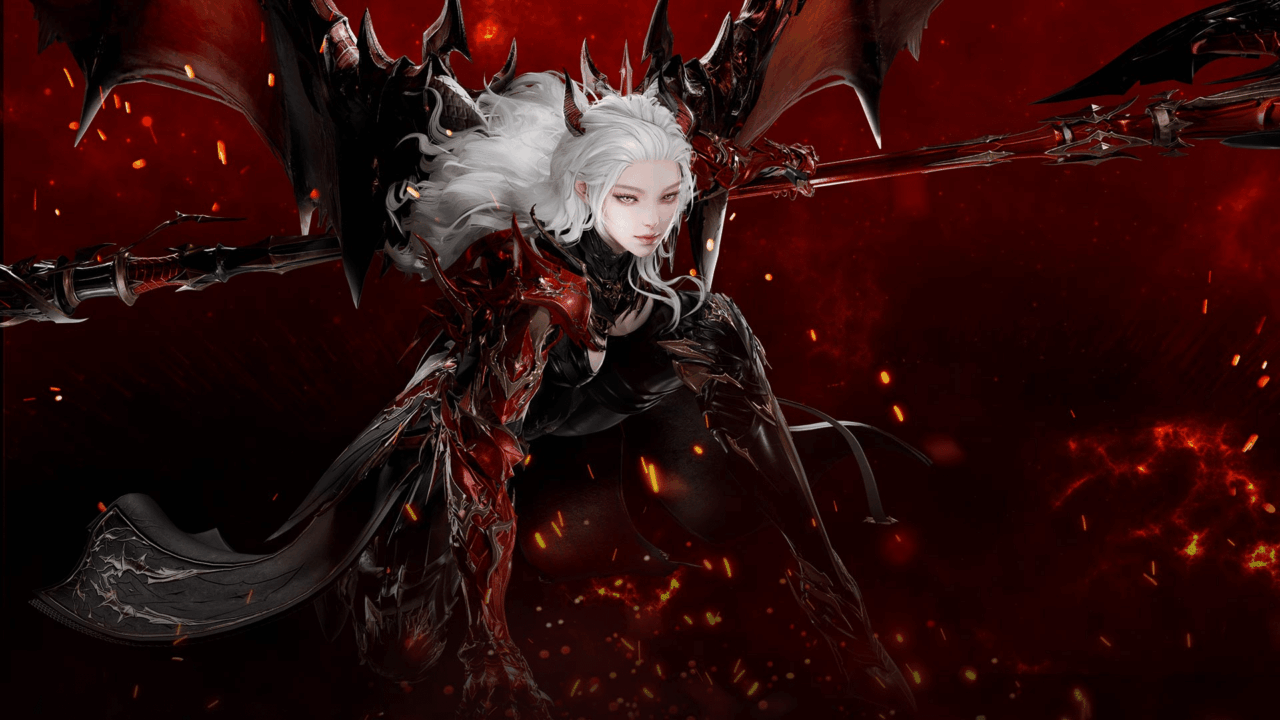 White-haired warrior in black and red armor with wings, holding a large weapon, surrounded by fiery sparks.