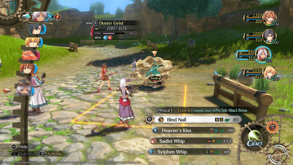 A turn-based RPG battle scene featuring characters attacking a creature called Duster Geist. The interface displays character stats and available skills such as 'Bind Nail', 'Heaven's Kiss', 'Sadist Whip', and 'Sylphen Whip'.