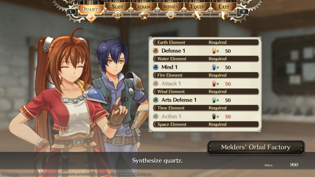 A screen from a video game showing two characters in a workshop setting. One character, a girl with long hair, is smiling while the other character, a boy with short hair, is standing next to her. The interface displays options for synthesizing quartz, including various elemental requirements like Defense, Mind, and Attack, along with a title saying 'Melders' Orbal Factory.'