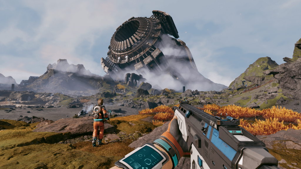 A futuristic landscape featuring a character in a space suit standing on rocky terrain, gazing at a large, tilted spacecraft partially covered in fog with distant mountains in the background.