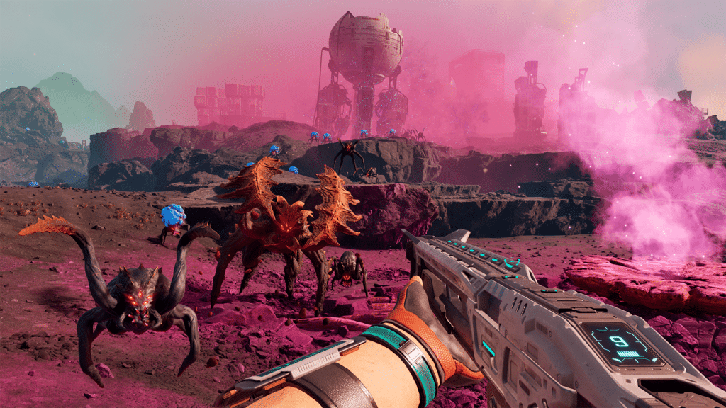 A first-person view of an alien landscape with a futuristic weapon in the foreground, showing various hostile creatures and a vibrant pink mist in the background.