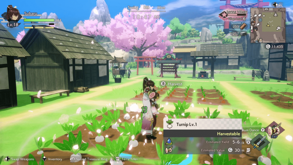 A character named Subaru stands in a lush Spring village, surrounded by blooming cherry blossom trees and wooden houses. The character is in a garden with turnips ready for harvest, and a user interface displays their level, resources, and a map.