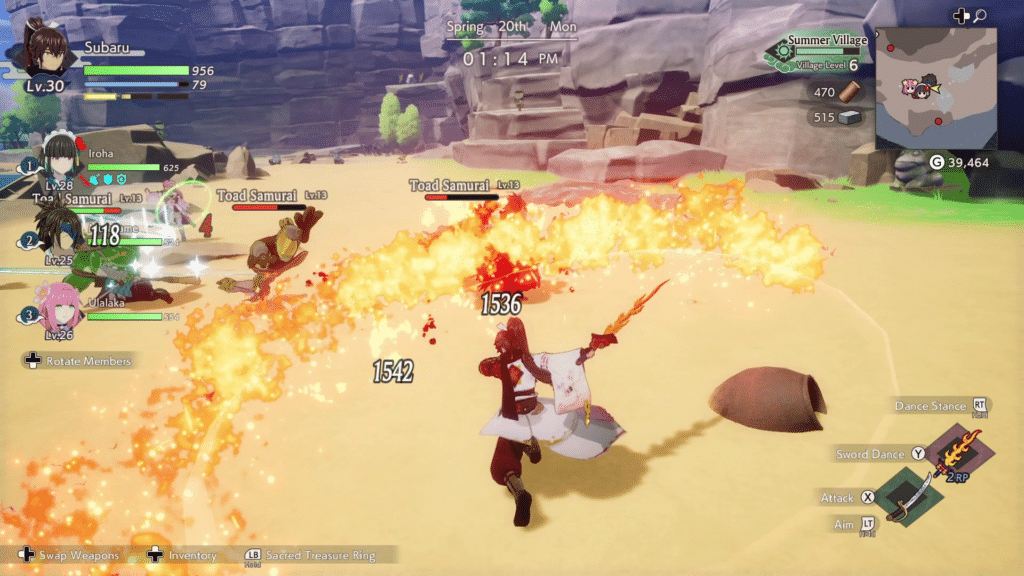 A character named Subaru, level 30, is attacking a group of enemies called Toad Samurai in a colorful fantasy landscape. Fire is being unleashed in a swirling wave, while other characters Iroha, Ulalaka, and another Toad Samurai are visible in the scene. The game interface displays health points and a map.