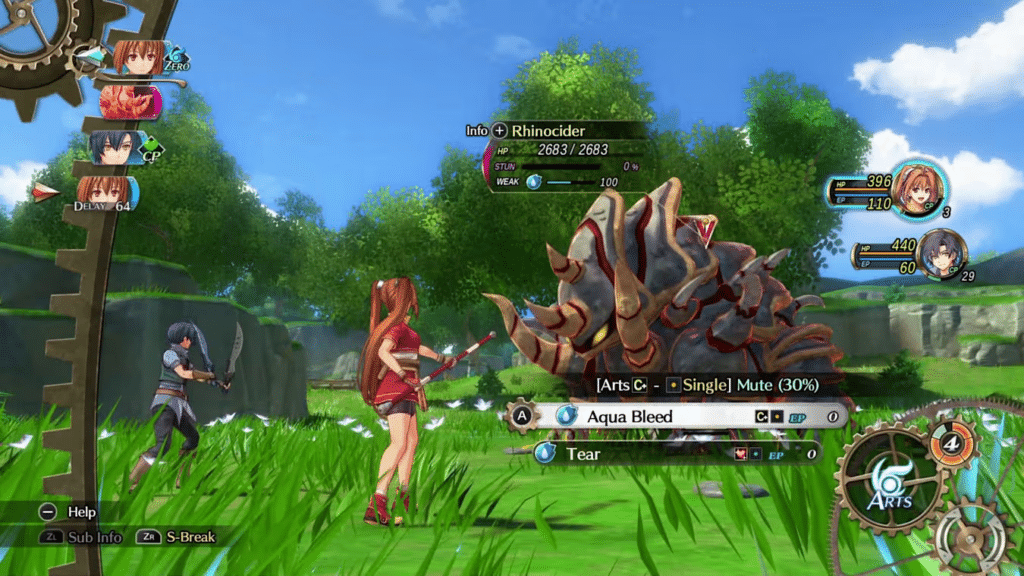 A fantasy role-playing game scene featuring a battle between characters and a large creature called Rhinocider, with a user interface displaying health points and available actions.