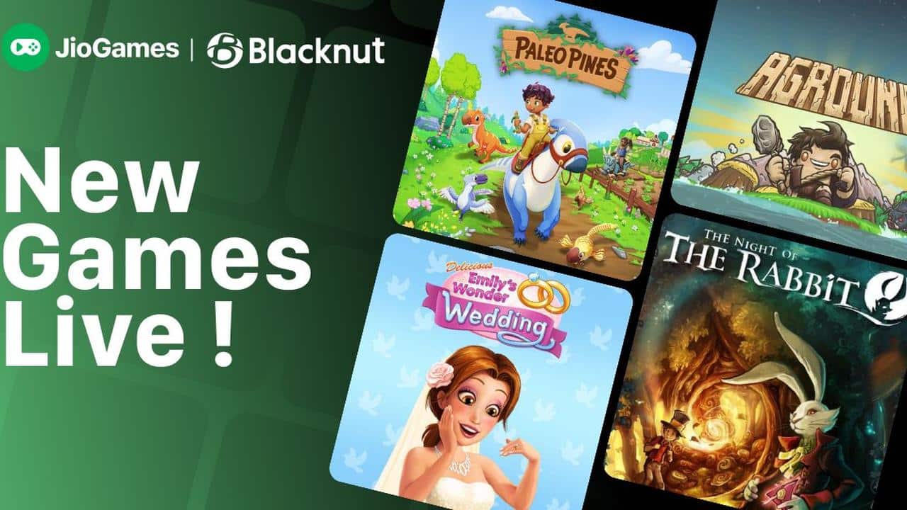 JioGames Cloud feature image showing new games including Paleo Pines, Aground, Emily’s Wonder Wedding, and The Night of the Rabbit.