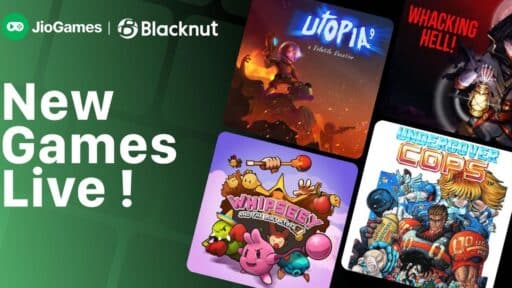JioGames Cloud feature image showing new games including UTOPIA 9, Whacking Hell!, Whipseey and the Lost Atlas, and Undercover Cops.