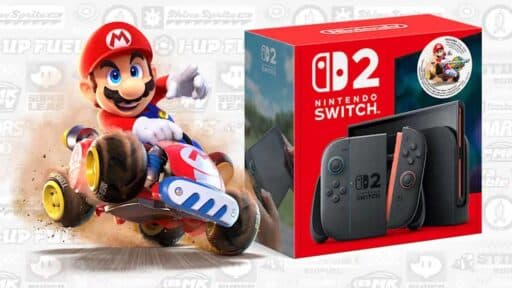 Mario racing in Mario Kart World alongside Nintendo Switch 2 retail box.
