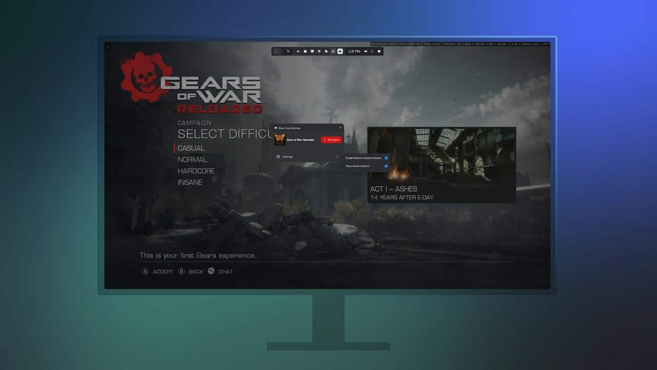 Gears of War Reloaded streamed through Xbox Cloud Gaming on a desktop monitor.