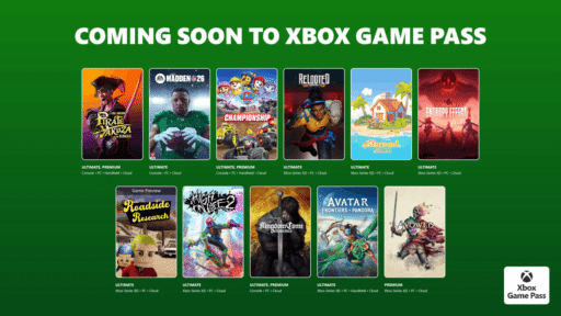 Coming soon to Xbox Game Pass: 11 game covers displayed on a green background with Xbox Game Pass logo.