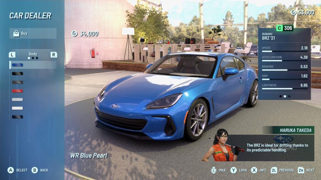 A blue 2021 Subaru BRZ displayed in a car dealership interface, showcasing specifications like speed and acceleration, alongside a character named Haruka Takeda who comments on the car's drifting abilities.