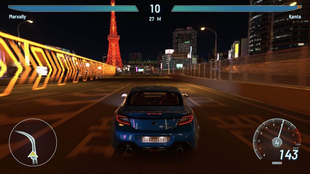 A blue sports car speeding on a city road at night, with the Tokyo Tower illuminated in the background and a digital speedometer displaying 143 km/h.