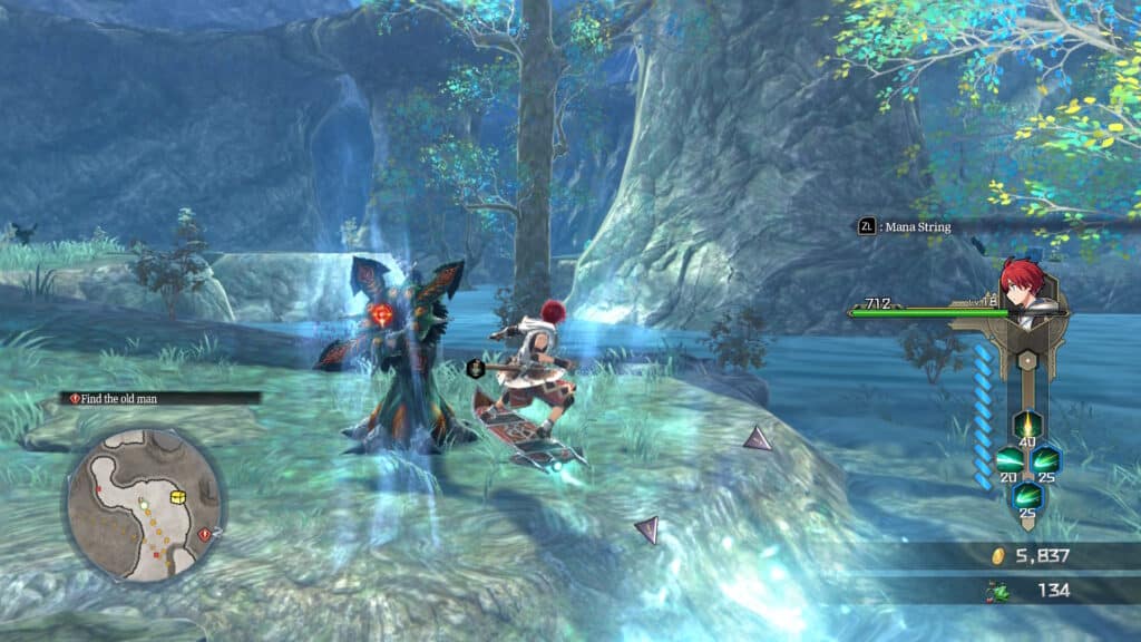 A character in a fantasy video game setting, interacting with a glowing tree-like figure near a body of water, with a map displayed in the corner indicating a quest to find an old man.