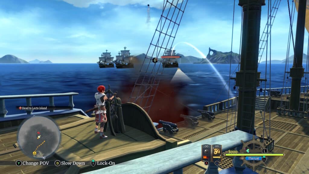 A character with red hair is standing on the deck of a ship, aiming a cannon at enemy ships in the distance on a sunny day with clear skies.
